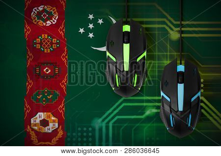 Turkmenistan Flag  And Two Mice With Backlight. Online Cooperative Games. Cyber Sport Team