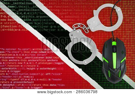Trinidad And Tobago Flag  And Handcuffed Computer Mouse. Combating Computer Crime, Hackers And Pirac