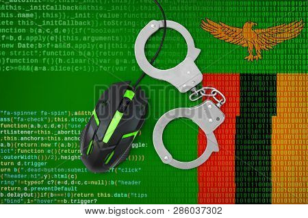 Zambia Flag  And Handcuffed Computer Mouse. Combating Computer Crime, Hackers And Piracy