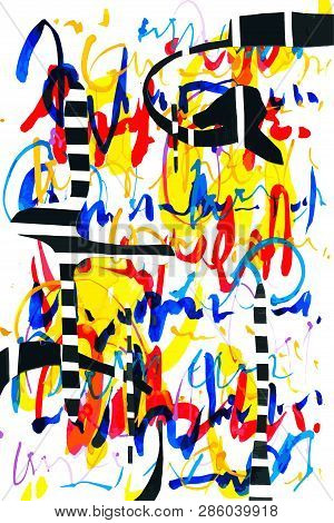 Bright Contemporary Abstract Art Collage With Free Form Striped Elements And Colorful Abstract Writi