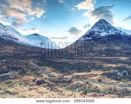 View Of Famous Scottish Higlands At A82 Road.  Early Spring Mountains Of Scotland