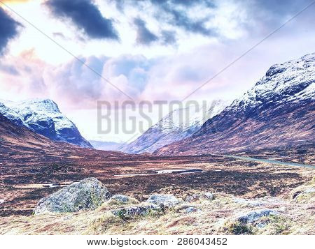 View Of Famous Scottish Higlands At A82 Road.  Early Spring Mountains Of Scotland