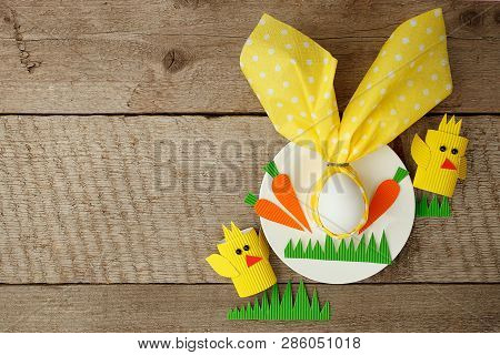 Easter Children Card Concept With Egg In Bunny Nupkin, White Plate And Paper Craft Diy Decorative Ch