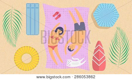 Summer Holidays. Summer Time. Young People Relaxing And Sunbathe On The Beach. Happy Family With A C