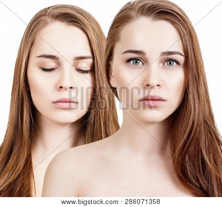 Collae Of Young Woman With Perfect Skin. Isolated On White Background.