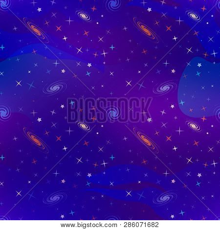 Cartoon Deep Space Background With Lots Of Colorful Stars And Galacticas, Cosmos Seamless Pattern