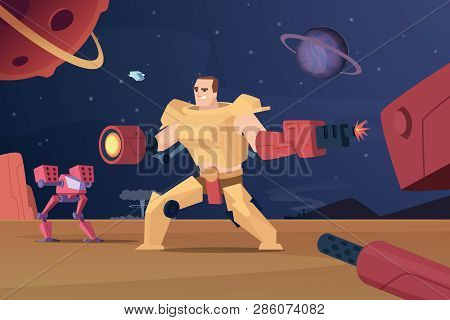 Future Combat Robots. Cyber War Futuristic Soldiers On Mars Vector Characters Cartoon Background. Sp