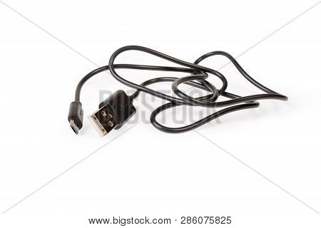 Black Cable With Plugs Usb Standard A And Micro-usb Standard B At The Edges On A White Background