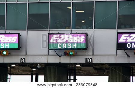 New York, Usa - December 14, 2018: Ezpass Signs And Terminal. E Zpass Is Electronic Toll Collection 