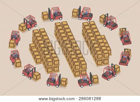 Twelve Workers Use Forklifts In Stock, Isometric.