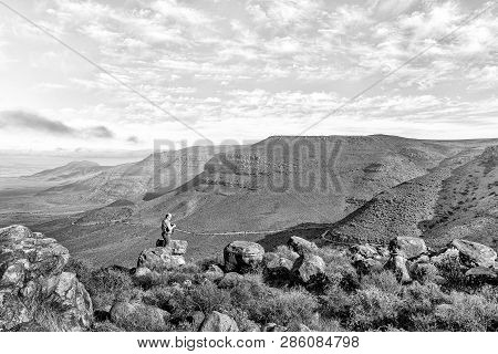 Tankwa Karoo National Park, South Africa, August 31, 2018: A Tourist At The Viewpoint In The Gannaga