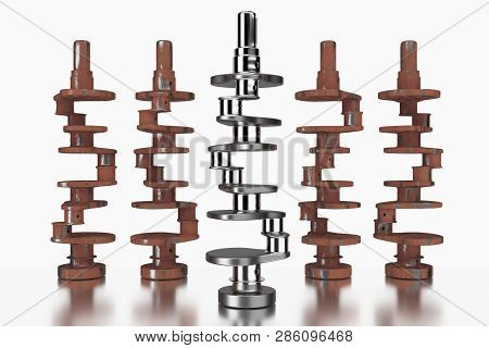 3d Rendering. Crankshaft For 6v Cylinders Engine. Truck Crankshaft On White Background. Engine Beari