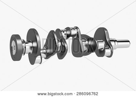 3d Rendering. Crankshaft For 6v Cylinders Engine. Truck Crankshaft On White Background. Engine Beari