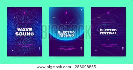 Electronic Sound Party Poster, Abstract Wave Distorted Lines. Music Flyer For Dj Event Promotion. Te