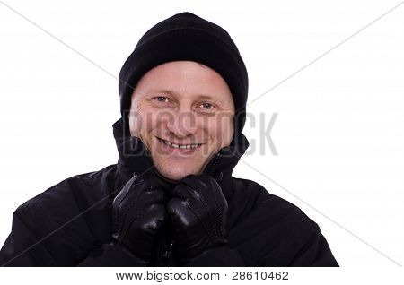 lachend Mann mit Kappe und Leder-Handschuhe