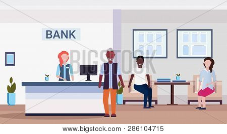 Mix Race People In Queue To Specialist At Reception Counter Financial Consulting Center With Waiting