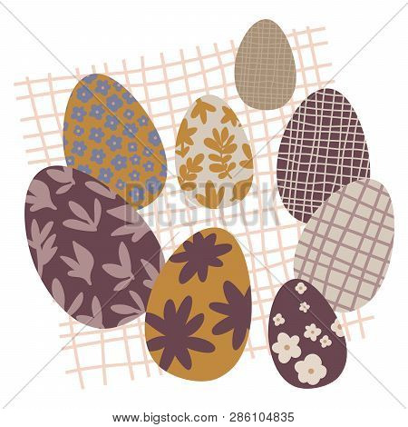 Colorful Easter Eggs Doodle Set Decorations. Spring Flowers. Bright Colors. Great For Postcard, Fabr