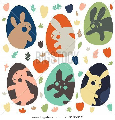 Colorful Easter Eggs Doodle Set Decorations. Spring Flowers. Bright Colors. Great For Postcard, Fabr