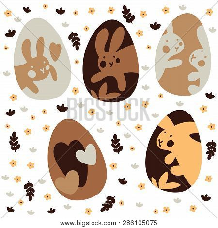 Colorful Easter Eggs Doodle Set Decorations. Spring Flowers. Bright Colors. Great For Postcard, Fabr
