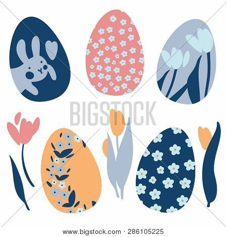 Colorful Easter Eggs Doodle Set Decorations. Spring Flowers. Bright Colors. Great For Postcard, Fabr