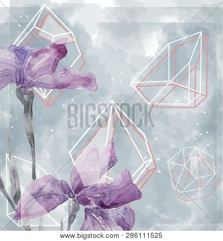 Set Of Card With Flower Rose, Leaves And Geometrical Frame. Wedding Ornament Polygonal Concept. Flor