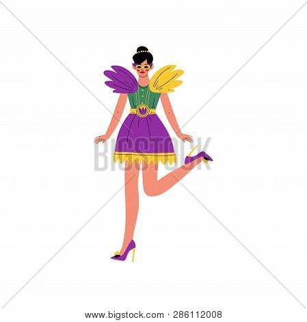 Beautiful Young Woman Wearing Bright Traditional Mardi Gras Costume And Mask, Girl Celebrating Carni