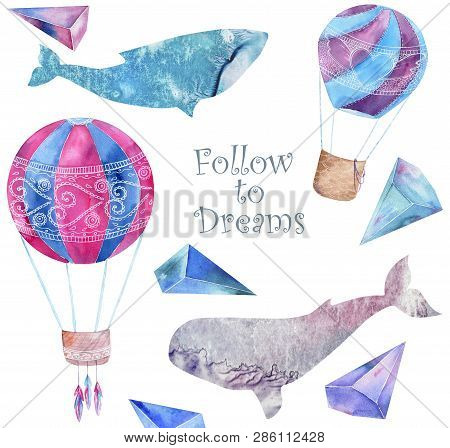 Whale Watercolor Fantasy Whale Balloon And Crytstal Follow To Dream Flying Blue Ocean Sea Deep Chara