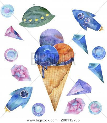 Space Ice Cream Watercolor Fantasy On Milky Way Solar System Flying Blue Rockets Ufo Doodle Characte