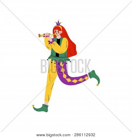 Beautiful Woman In Bright Traditional Mardi Gras Costume Playing Trumpet, Girl Celebrating Carnival 