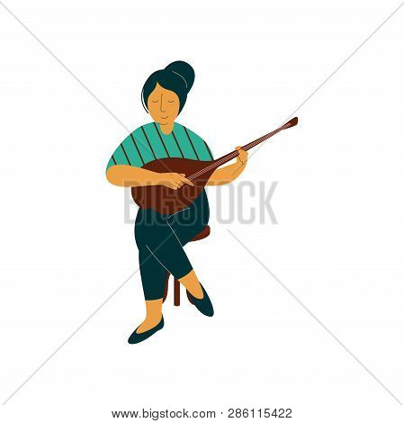 Female Musician Playing Domra Musical Instrument Vector Illustration