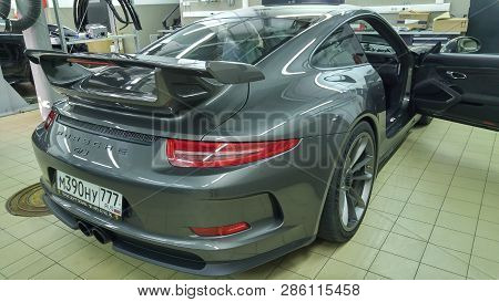 Moscow. February 2019. Gray Porsche 911 Gt3 Rs 3.8 At The Service Station. Diagnostics And Verificat