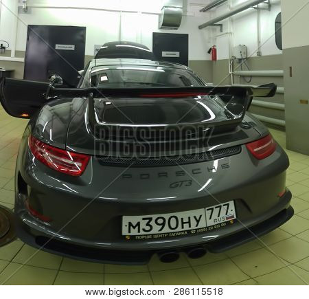 Moscow. February 2019. Porsche 911 Gt3 Rs 3.8 At The Service Station. Diagnostics And Verification. 