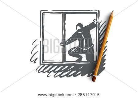 Burglary, Window, Robber, Criminal, Mask Concept. Hand Drawn Robber In-house Window Concept Sketch. 
