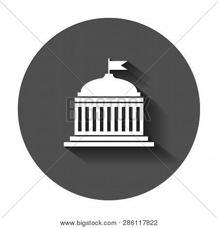 Bank Building Icon In Flat Style. Government Architecture Vector Illustration With Long Shadow. Muse