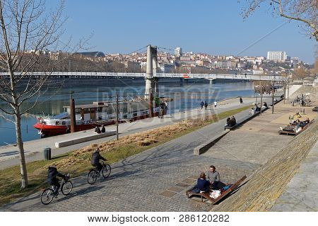 Lyon, France, February 24, 2019 : Furnished By The Grand Lyon, The Left Banks Of The Rhone Are Organ