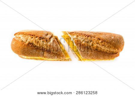 Bocadillo De Tortilla Española. Spanish Potato Omelette Sandwich Isolated On White Background.typica