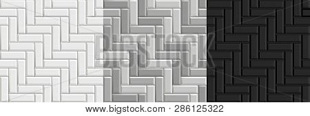 Black And White Seamless Textures Of Herringbone Tiles. Set Of Vector Grayscale Paving Floor