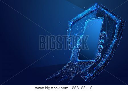 Abstract Smartphone In Hand With Shield In The Form Of A Starry Sky Or Space, Consisting Of Points, 