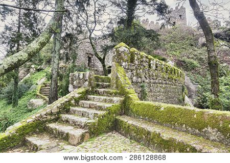 3 March 2018: Sintra, Portugal - Moody Shot Of The Moorish Castlein Early Spring.