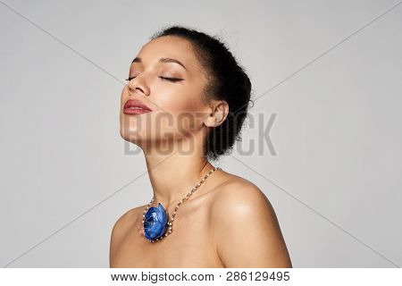 Beauty Profile Portrait Of Beautiful Mixed Race Woman Wearing Chocker