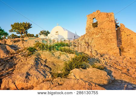 Greek Orthodox Church Built On Ruins Of Monolithos Castle (rhodes, Greece)