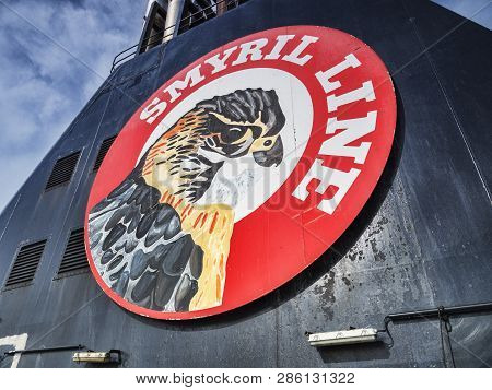 7 April 2018: At Sea - Logo Of The Faroese Shipping Company Smyril Line, Which Serves Denmark And Ic
