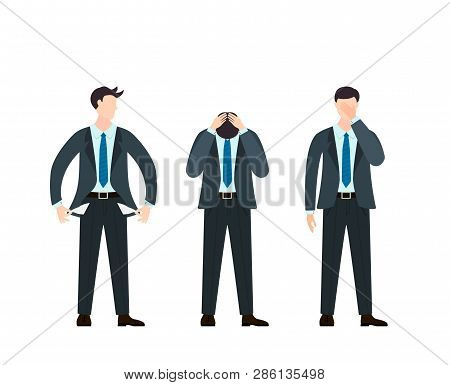 Set Of Sad Men In Business Suit And Tie Isolated On White Background. Businessman In Cartoon Flat St