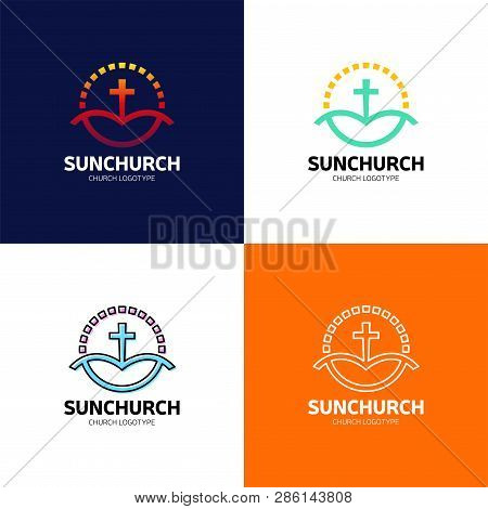 Sun Calvary Church Logotype In Circle. Baptist Cross In Mountain Logo