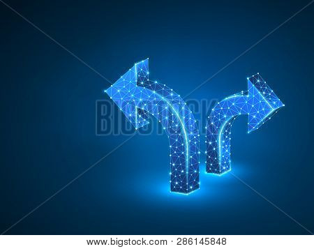 Crossroad Direction Two Ways Arrows Wireframe Digital 3d Illustration. Low Poly Crossway Choice Conc