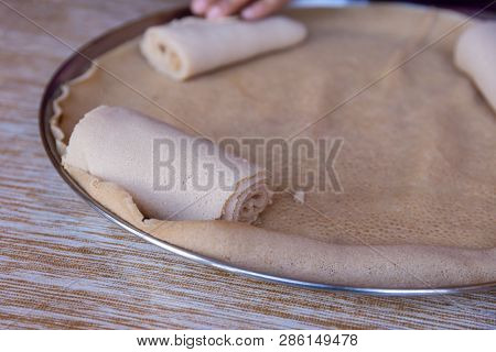 Injera Is A Sourdough Flatbread Made From Teff Flour.  It Is The National Dish Of Ethiopia, Eritrea,