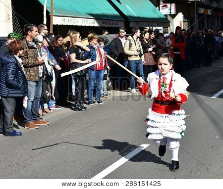 Verin, Spain, 24 Feb 2019. Famous Carnival And Street Parade With Cigarrons Costumes. Ourense Provin