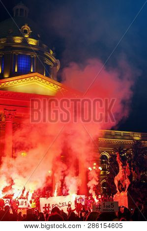 Belgrade, Serbia - February 23, 2019: Eleventh Protest Under The Name 
