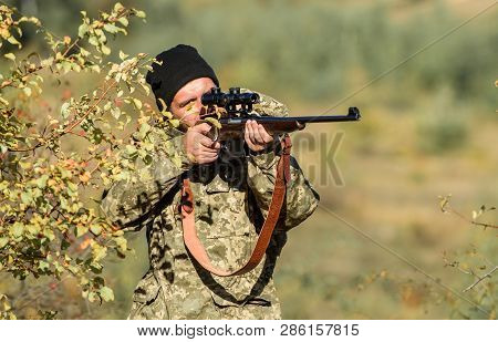 Hunting Skills And Weapon Equipment. How Turn Hunting Into Hobby. Bearded Man Hunter. Army Forces. C