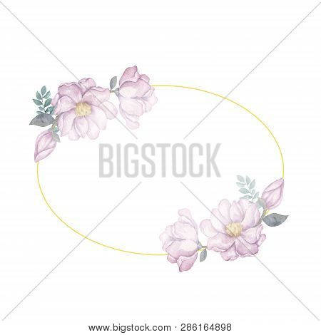 Watercolor Flowers And Leaves Wreath. Gold Frame Illustration. Ellipse And Bow Clip Art Branch For C